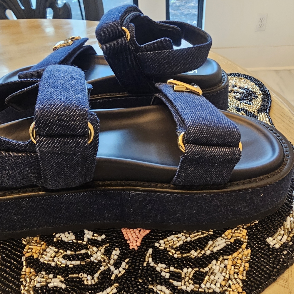 Louis Vuitton Navy Denim Logo Slide Sandals with Gold Hardware - Picture 5 of 10